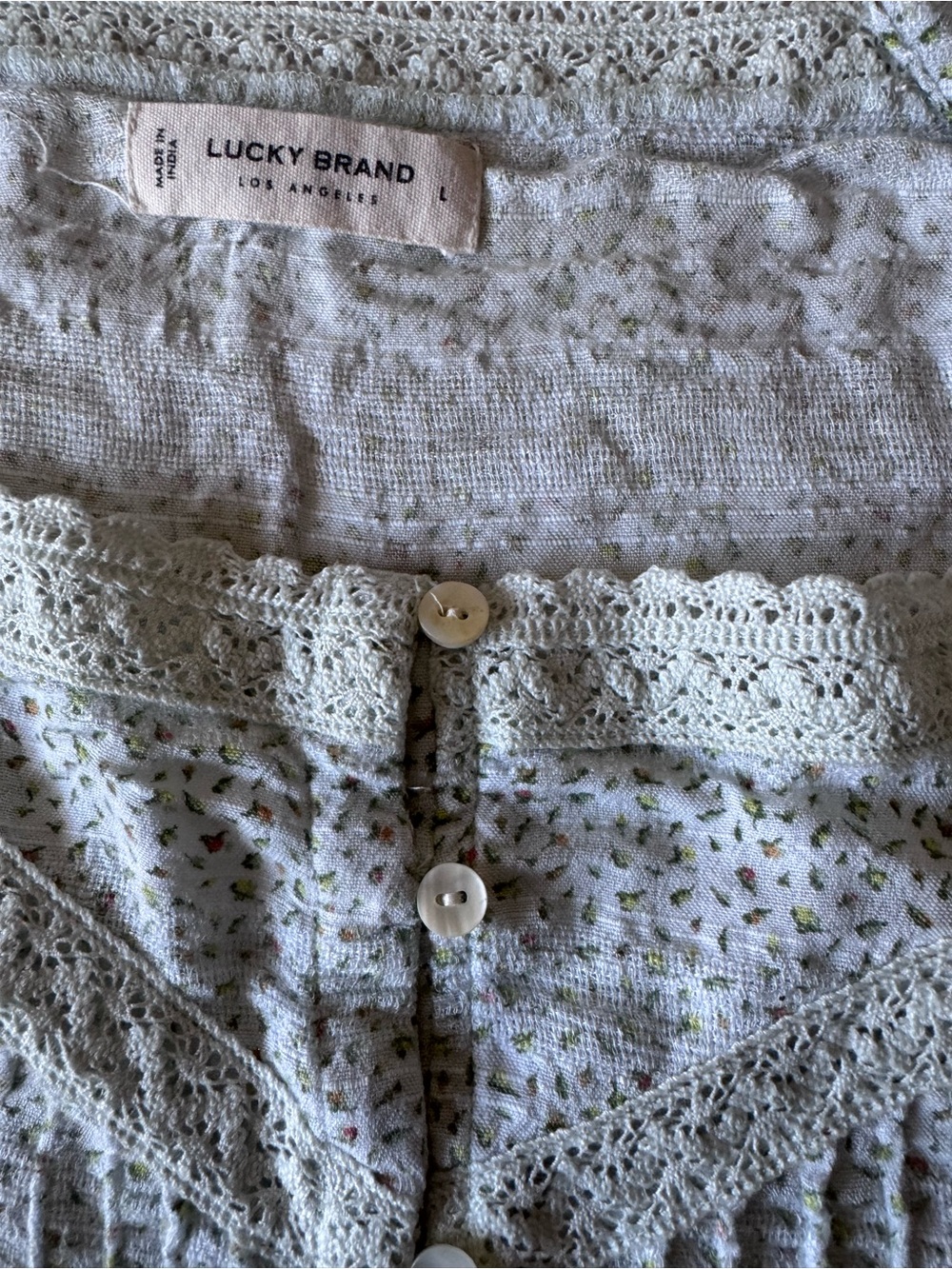 Lucky Brand Sage Green Floral Lace-Trim Button Front Blouse - Picture 3 of 13